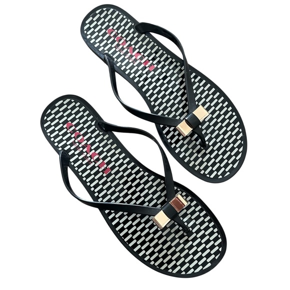 Coach Landon Thong Black Jelly Flip Flops Sandals Gold Bow Logo Sz 9 Resortwear - Picture 2 of 9